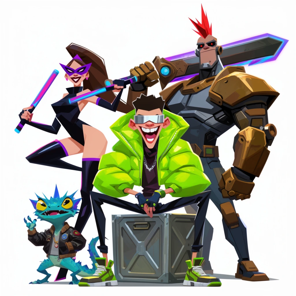 Four highly stylized, angular characters with exaggerated proportions pose against a stark white background in a vibrant 2D digital illustration. Centered, a scrawny teen with an oversized toothy grin sits on a metallic cargo crate, wearing a neon-green puffer jacket and silver visor. Beside him, an acrobatic woman in a black leotard and purple domino mask strikes a kinetic pose, wielding glowing batons. Below her cheers a tiny, spiky blue alien lizard wearing a leather bomber jacket. On the right, a bulky cyborg with a red mohawk stands confidently, resting a massive energy broadsword against his bronze-armored shoulder. The art features sharp geometric outlines, flat color blocking, and a highly energetic aesthetic.