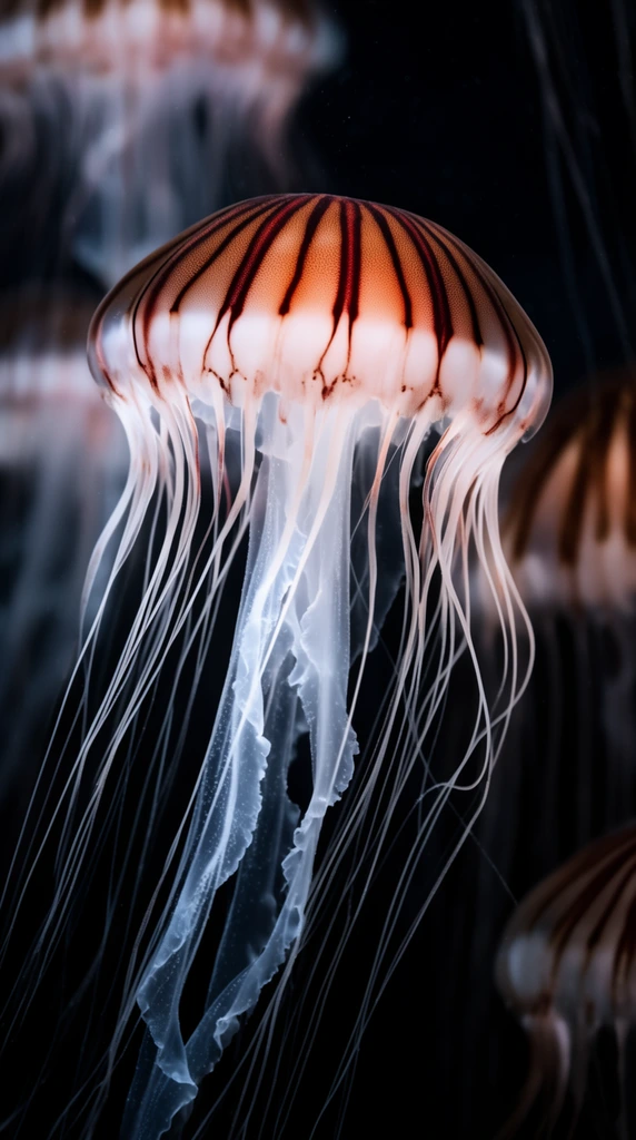 close-up macro photography of a translucent jellyfish, deep reddish-brown radial stripes on a pale rounded bell, long delicate flowing white tentacles cascading downwards, thicker ruffled translucent oral arms, pitch-black underwater environment, soft out-of-focus shapes of other striped jellyfish in the dark background, high-contrast aquatic lighting, ethereal luminous glow highlighting gelatinous textures, crisp focus on the primary bell, cinematic depth of field