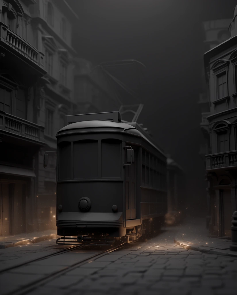 A dark, highly detailed monochromatic 3D render of a tram traveling on tracks between towering buildings. The central tram and dense flanking architectural structures feature a smooth, uniform matte finish resembling raw, dark gray digital clay with prominent ambient occlusion highlighting the deep geometric crevices of the windows and street paving. The environment is immersed in low-key lighting, dominated by rich charcoal hues and soft black tones. Delicate, luminescent golden-orange particles float softly around the base of the tram and the lower street level, casting warm, localized glowing halos onto the sleek, sculpted urban surfaces. Dense atmospheric fog envelops the scene, causing the upper stories of the structures and the distant tracks to dissolve seamlessly into a pitch-black background. A focused depth of field keeps the intricate chassis of the tram sharp while the surrounding cityscape recedes into a soft, cinematic blur.
