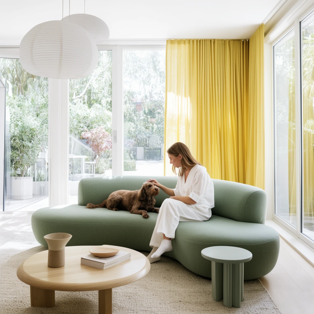 Woman in white petting a brown dog on a curved sage green sofa, bright airy modern living room, floor-to-ceiling windows, yellow curtains, natural daylight