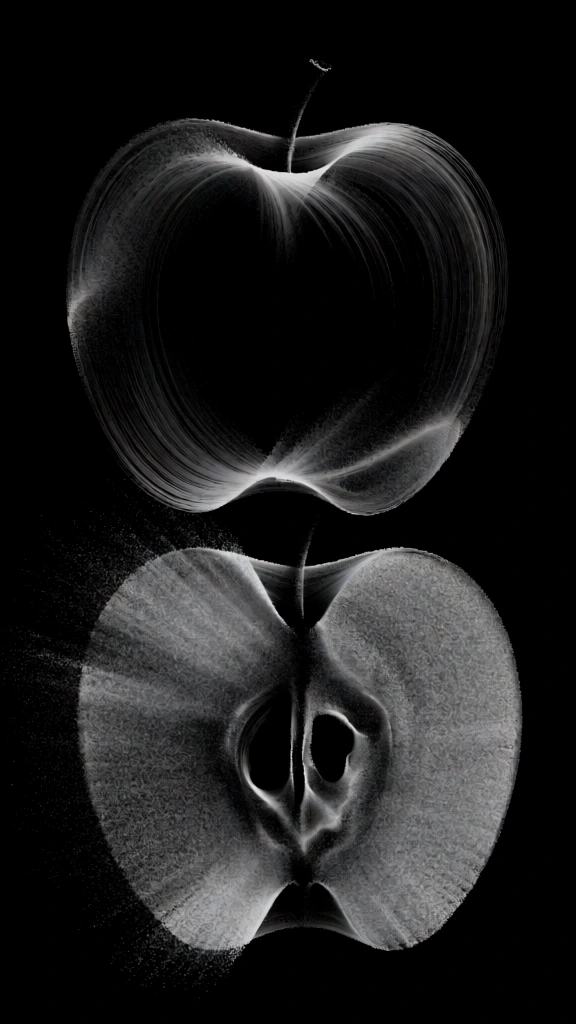 an apple and apple half rendered in high-contrast monochrome, silhouettes defined by raked kinetic arcs and grainy stippled particles against a deep black void, ethereal light trails mimicking cosmic dust or textured charcoal strokes, the apple half radiating fine particulate energy in concentric fluid rings, minimalist abstraction, high-grain textural quality, dynamic fluid motion captured in frozen streaks of light and shadow, chiaroscuro atmosphere
