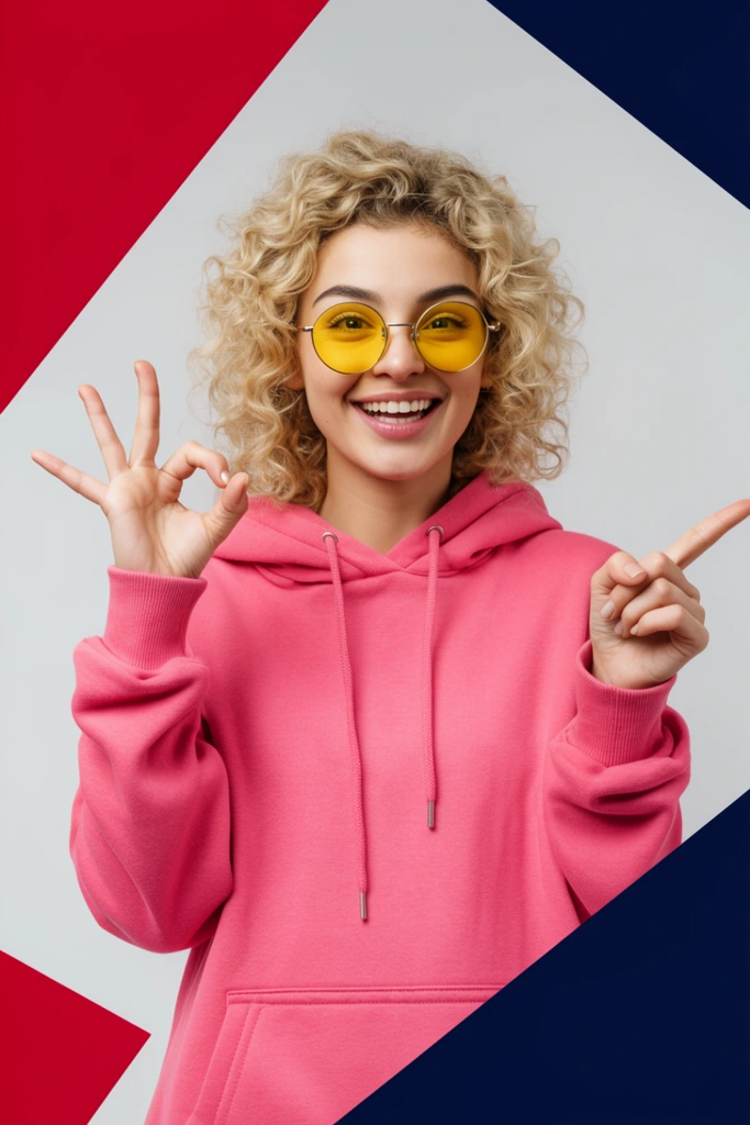 An enthusiastic young woman with curly blonde hair, wearing a solid pink hoodie and round yellow-tinted sunglasses, flashes a wide smile. She playfully forms an 'OK' hand gesture near her shoulder while pointing outward with her other index finger. Crisp studio photography isolates her against a smooth light gray background. The vibrant, modern composition is framed by bold, abstract diagonal geometric shapes of crimson and dark navy blue positioned in the corners.