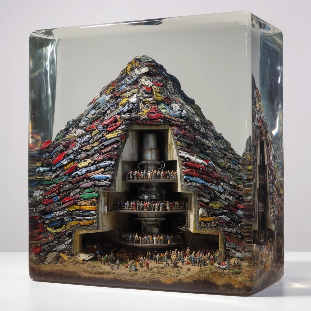 A transparent rectangular resin block encloses a hyper-detailed miniature diorama of a mountain formed from tightly packed, colorful crushed cars. A geometric cross-section cuts into the mountain, revealing a multi-level architectural bunker where hundreds of tiny human figures crowd on tiered platforms around industrial machinery. Below the central structure, miniature figures scatter across a dirt terrain base layer. The solid glass-like block rests on a pristine white surface against a seamless white background, casting sharp refractions along its polished edges. The surreal mixed-media collage features intricate dystopian world-building captured under bright, even studio lighting.