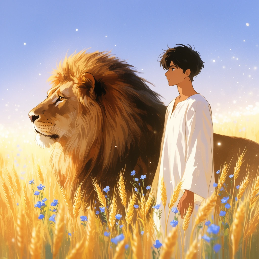 A young man in a loose white tunic stands beside a majestic male lion in a luminous field of golden wheat. The dark-haired youth and the massive lion, sporting a thick brown and gold mane, both gaze toward the left in profile. Knee-high golden stalks interwoven with delicate blue flowers surround them. A soft blue sky fades to a bright, hazy horizon, sprinkled with tiny glowing white specks that create an ethereal ambiance. The serene scene is rendered in an anime-inspired digital illustration style with soft, warm sunlight illuminating the vibrant agricultural landscape.