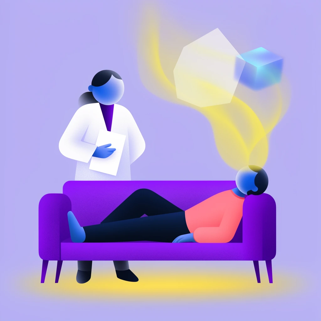A digital conceptual illustration of a therapy session featuring a standing practitioner beside a patient reclining on a bright purple sofa. The practitioner wears a white coat and holds a white document, while the patient rests in a coral pink shirt. Both figures have smooth, gradient-blue spherical heads with dark hair. A flowing, translucent yellow vapor rises from the patient's head, accompanied by floating, semi-transparent geometric shapes like a white polygon and a glowing blue cube. The minimalist scene sits against a solid lavender background, grounded by a soft yellow luminous gradient on the floor. The artwork utilizes a modern aesthetic with soft gradients, subtle grain textures, and vibrant contrasting colors.