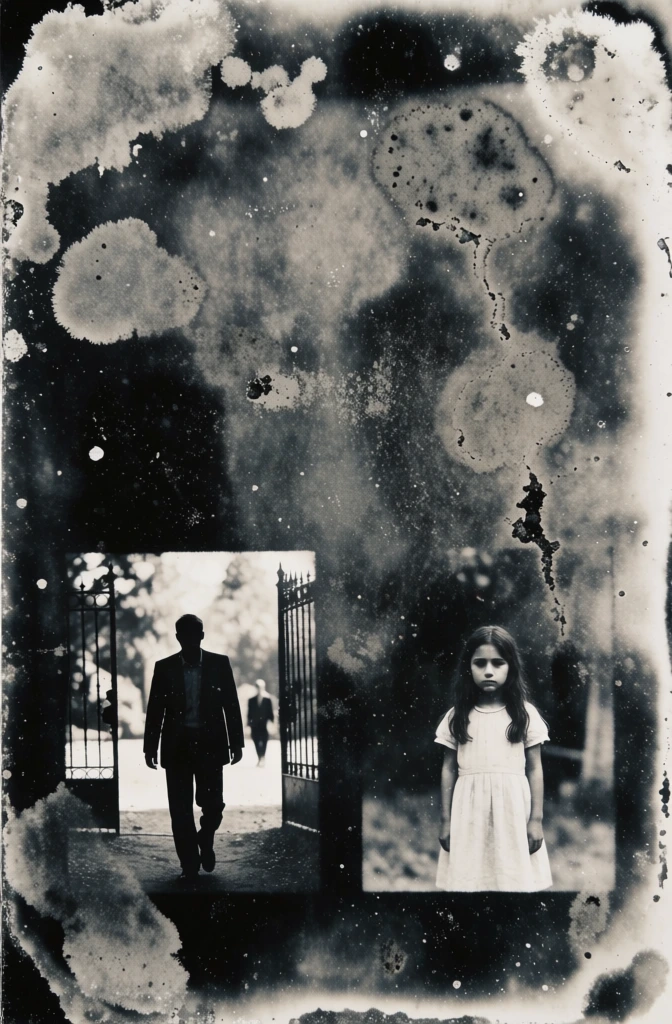 high-contrast monochromatic solarized aesthetic, grainy film texture with chemical stains and dust specks, ethereal glowing highlights against deep obsidian voids, silhouetted man and girl walking through heavy open gates, a receding tree-lined path, a brilliant white sun orb radiating a hazy solarized halo, experimental photogram style, surreal dreamlike atmosphere, harsh high-key lighting, chiaroscuro composition, grainy abstract organic textures