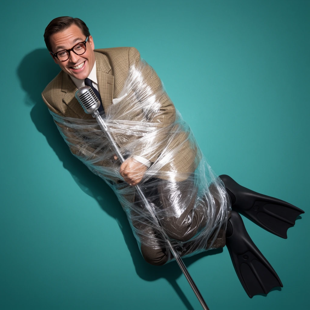 A smiling man in a tan patterned blazer, white shirt, dark tie, and dark-rimmed glasses is tightly bound in layers of clear plastic wrap alongside a silver vintage microphone. He lies on his side diagonally across a solid matte teal background, revealing black flipper-like fins on his feet. He sports a wide, toothy grin. High-contrast studio lighting casts a sharp drop shadow on the surface and creates bright, glossy reflections across the crinkled transparent film. The surreal composition features a top-down perspective with crisp focus and vivid color blocking.