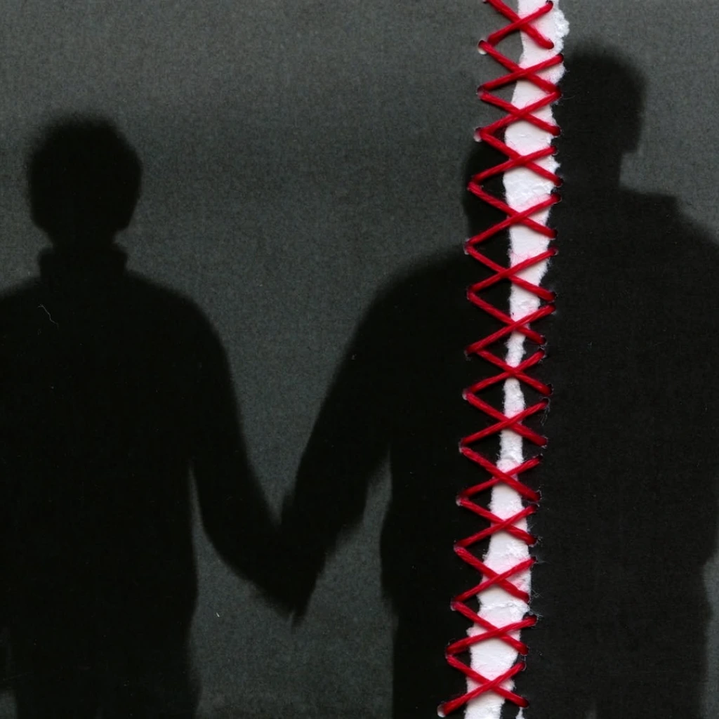 A dark mixed-media composition featuring the heavily shadowed silhouettes of two individuals holding hands. The figures appear as solid black shapes against a grainy charcoal-grey background. A prominent vertical tear runs down the right side of the frame, exposing a rough, stark white paper edge. This distressed seam is bound together from top to bottom with thick, bright red thread sewn in a continuous series of tight cross-stitches. The tactile collage elements contrast sharply with the underexposed photographic foundation, highlighting the vivid crimson X-patterns against the monochromatic shadows.