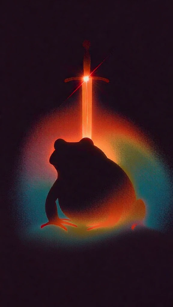 a large monolithic toad silhouette positioned centrally, a vertical sword held upright behind it, heavy stipple grain texture, noisy airbrushed gradients, vibrant orange and teal rim lighting, deep black background, a sharp brilliant starburst lens flare glinting off the sword's hilt, minimalist graphic composition, ethereal 1970s sci-fi aesthetic, soft glowing aura, high-contrast chiaroscuro, grainy color transitions, vintage analog photography feel