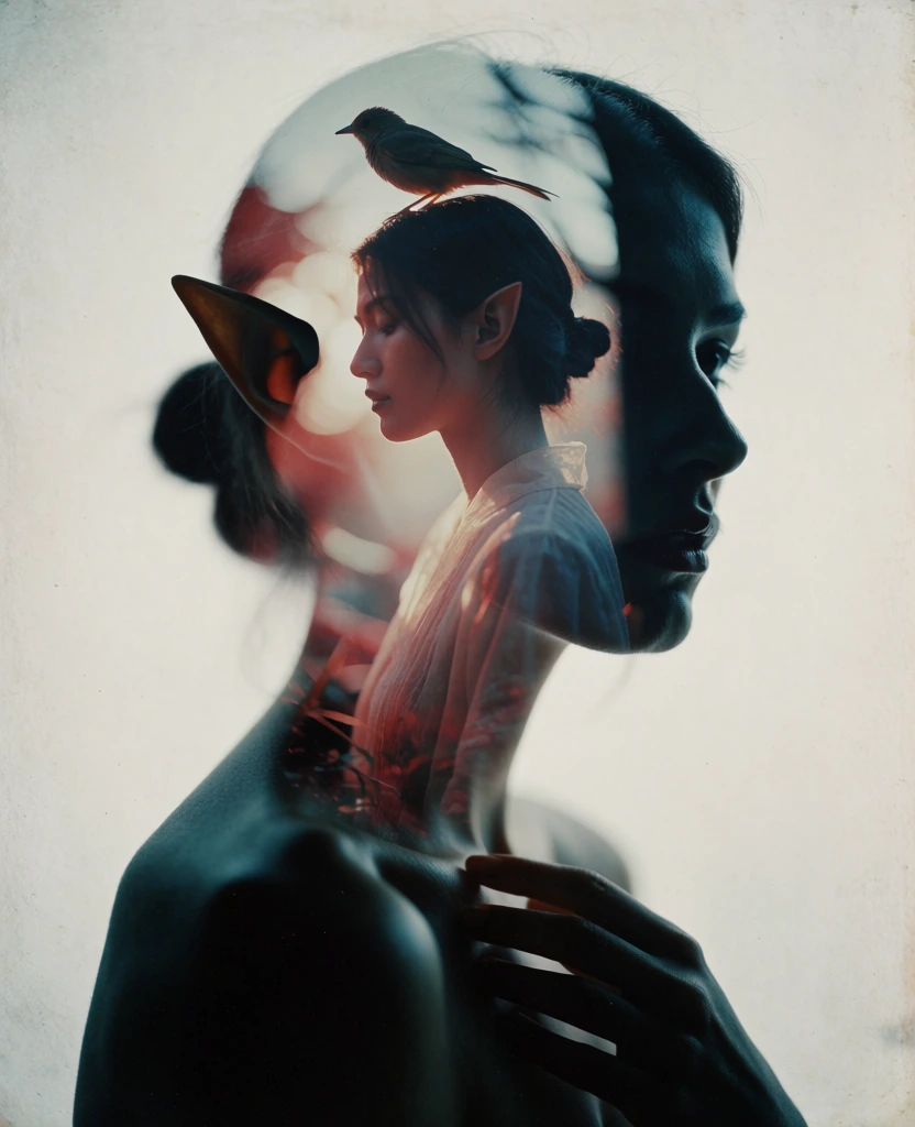 side profile silhouette of an elf with distinct pointed ears, double exposure surrealism, a small bird perched delicately on her head, ethereal internal glow within the head featuring dreamlike textures and soft red washes, grainy analog film aesthetic, moody color palette of deep midnight teal and warm amber, painterly textures, minimalist off-white background, poetic and contemplative mood, fine film grain, high contrast between the dark silhouette and luminous core