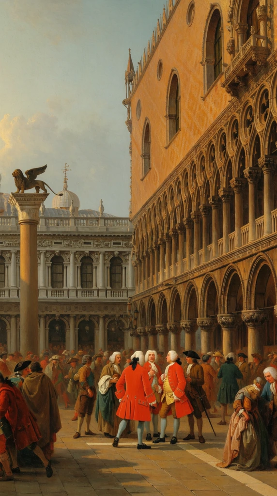 A classical oil painting of a bustling historic plaza framed by intricate Gothic and Renaissance architecture. A massive golden-brown palace with arched colonnades dominates the right, opposite a tall stone column bearing a winged lion. The square teems with an 18th-century crowd, featuring a central cluster of men in vibrant red coats and white wigs alongside townspeople in muted cloaks. Warm sunlight highlights the textured masonry and colorful garments under a soft, overcast sky.