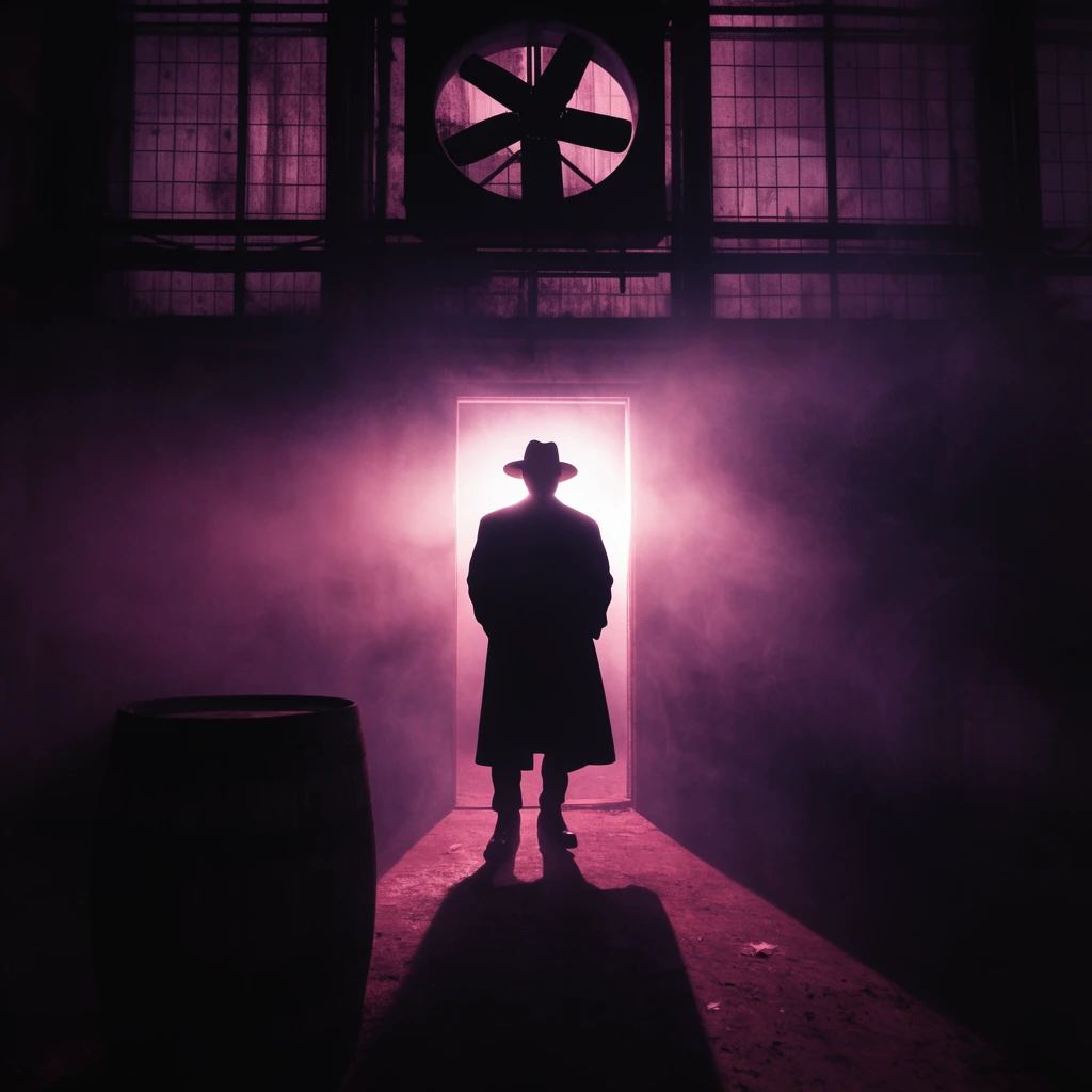 Silhouetted figure in a wide-brimmed hat and long coat standing in a glowing doorway, heavy misty atmosphere, bright backlight spilling into a dark industrial room, deep magenta and purple color grading, large exhaust fan above gridded windows, wooden barrel in foreground, high-contrast neo-noir lighting, dramatic volumetric haze