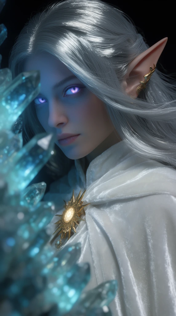 A close-up portrait of an elven woman with pointed ears and flowing metallic silver hair peering through a cluster of out-of-focus glowing cyan crystal shards. Her face is softly illuminated by ethereal blue light, highlighting a piercing gaze with luminescent violet eyes. She wears a high-collared pristine white velvet mantle fastened by a glowing gold sunburst medallion. Delicate golden cuffs adorn her visible ear. The background is swallowed by deep obsidian darkness, creating dramatic contrast. The composition utilizes a shallow depth of field, blurring the foreground crystals while keeping her features, strands of silver hair, and the textured velvet mantle in ultra-sharp focus.