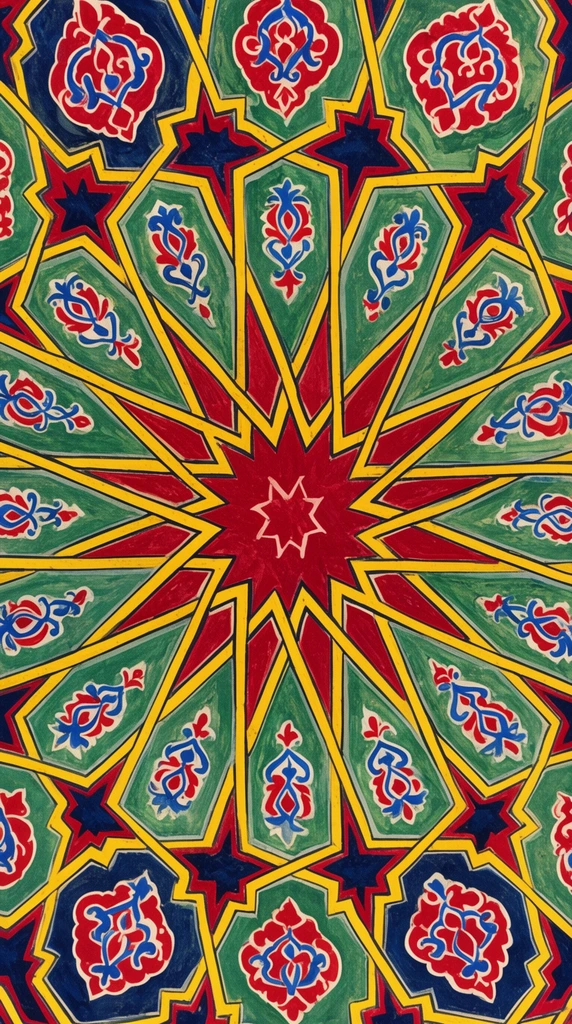 intricate painted geometric pattern, central red star, radiating yellow interlocking bands, green and navy polygons, red and blue floral motifs, symmetrical arabesque design