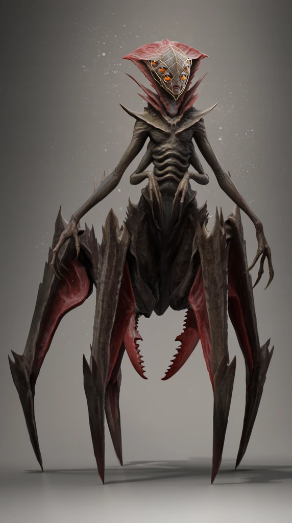 A towering, arachnid-humanoid creature stands against a featureless grey gradient background. The monstrosity features a gaunt, dark greyish-brown humanoid torso emerging from a lower body composed of four massive, jagged spider-like legs with deep red fleshy membranes. Its alien head is framed by a flared, reddish crest and sharp neck spikes. Multiple small glowing orange eyes are covered by a delicate golden wireframe visor. Two long, spindly primary arms end in sharp claws, and a pair of smaller appendages rest against its ribbed abdomen. Serrated reddish pincers dangle beneath its waist. Rendered as digital creature concept art, the scene uses soft directional lighting to emphasize the rough exoskeletal textures and muted earth-tone palette. Fine white spores float in the air around the creature's upper body, while subtle cast shadows anchor its pointed feet to a smooth floor.