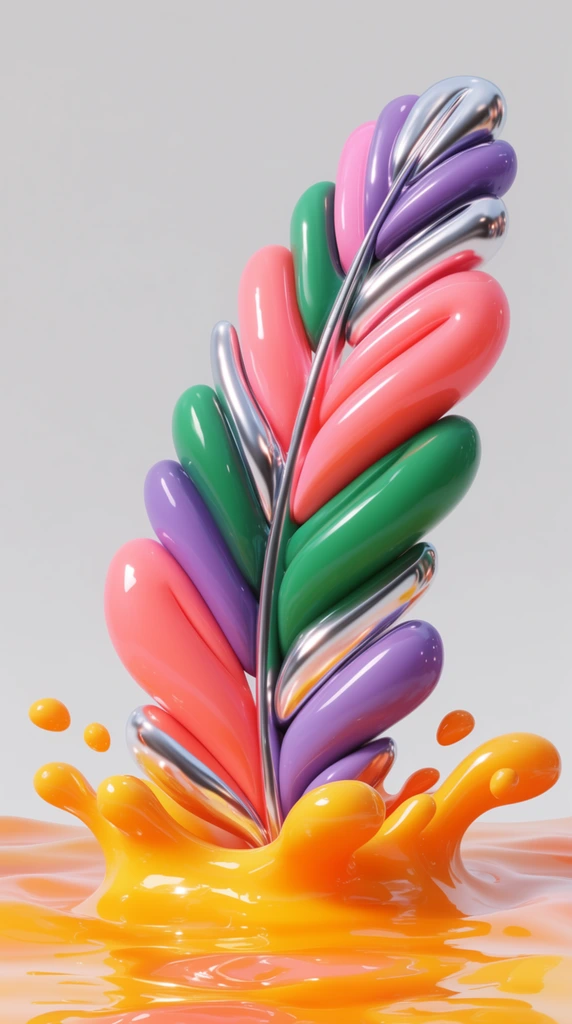 Bulbous, highly stylized thick feathers plunging into a viscous, rippling pool of water, rendered entirely in a hyper-glossy, inflated 3D plastic and liquid-metal aesthetic. The thick, rounded feather forms feature ultra-smooth, tubular geometry in a vibrant, candy-colored palette of high-gloss coral pink, emerald green, deep lavender, and reflective chrome silver. Below them, the water forms a thick, heavy splash of glossy, bright orange-yellow liquid with bulbous, floating droplets. Sharp, brilliant specular highlights reflect off every slick, balloon-like curve, emphasizing the thick, liquid-plastic material properties. Soft, diffused omnidirectional studio lighting illuminates the pristine 3D digital render, perfectly isolating the saturated, high-refraction fluid shapes against a minimal, flat light gray background.