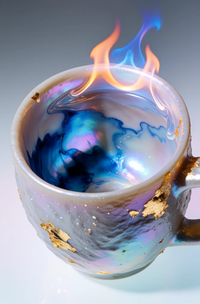 high-end studio photography, iridescent pearlescent ceramic mug, liquid surface emitting stylized ethereal flames, glowing orange and blue fire, rough textured exterior with gold leaf accents, smooth nacre-like interior with layered deep sapphire and light blue pooling, soft studio lighting, subsurface scattering, top-down and isometric perspectives, clean minimalist neutral background, hyper-realistic cgi, opalescent color palette, shimmering highlights, intricate luxury branding style.