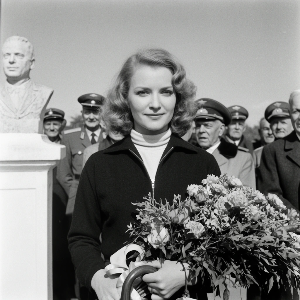A vintage black and white photograph captures a woman holding a large floral bouquet and a curved umbrella handle. She features wavy, shoulder-length blonde hair, a dark zip-up jacket, and a light turtleneck. Her expression is composed with a subtle smile. A white stone pedestal bearing a sculpted bust of a man stands to her left. Behind her, a crowd of older men and officials in peaked military caps observe under a clear sky. The outdoor daytime lighting casts distinct shadows, highlighting the classic mid-century film aesthetic, soft film grain, and medium depth of field.