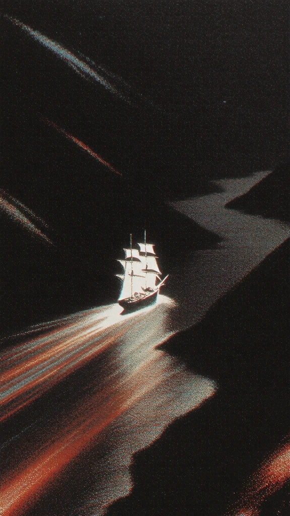 sailing ship on a river through a deep valley, heavy stippled pointillism and dense digital noise, risograph-inspired aesthetic, long luminous motion trails in warm oranges and reds, deep obsidian background with cyan and white grain highlights, retro-futuristic 1970s sci-fi book cover style, high contrast, ethereal glow, minimalist composition with a strong diagonal upward trajectory, textured dithered gradients, vintage photographic scan feel, surreal cosmic atmosphere