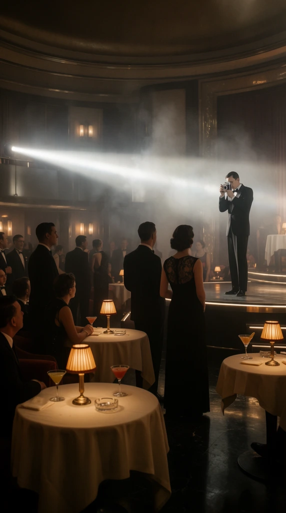 A dimly lit, atmospheric Art Deco nightclub filled with formally dressed patrons under a thick haze of smoke. A man in a black tuxedo stands on an elevated stage, holding a vintage camera to his eye. A piercing, volumetric spotlight cuts horizontally across the room, illuminating the photographer through the atmospheric haze. In the foreground, round tables covered with white linens hold cocktail glasses, ashtrays, and small, pleated lampshades casting a warm amber glow onto the seated guests. Standing figures in the midground face the stage, including a woman wearing a black dress with a lace back panel. The expansive circular room features high ceilings, wall sconces, and a dark, glossy floor reflecting the practical lights, establishing a moody, cinematic composition defined by deep shadows and striking light contrast.