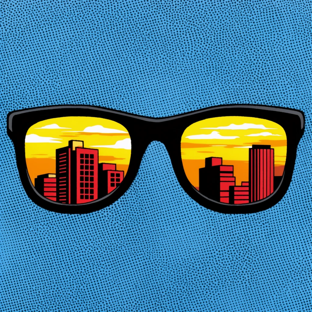A pair of black sunglasses rests against a bright blue background covered in a dense black halftone dot pattern. The thick black frames hold yellow-tinted lenses reflecting a vibrant, stylized cityscape. This reflection displays geometric buildings in flat shades of red and black against a bright yellow and orange sunset sky with white clouds. The artwork employs a retro pop art aesthetic characterized by bold outlines, flat vivid colors, and high contrast reminiscent of vintage comic book printing.