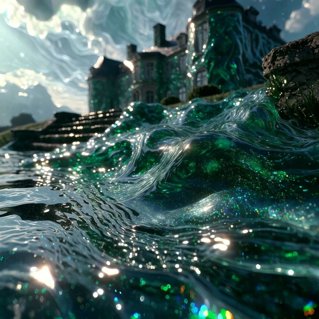 low-angle view of a large manor beside a pond with stone steps under swirling gelatinous clouds, all rendered in a viscous emerald green liquid medium with suspended micro-shimmer and iridescent glitter, high-contrast specular glints, caustic light play, deep teal shadows, wet-look crystalline facets on the architecture, macro-tactility on fluid ripples, shallow depth of field, dramatic cinematic lighting, luxury surrealism, high-signal liquid-glass aesthetic.