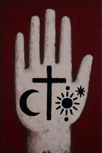Textured Naive Modernism style reference image — high-contrast crimson and black