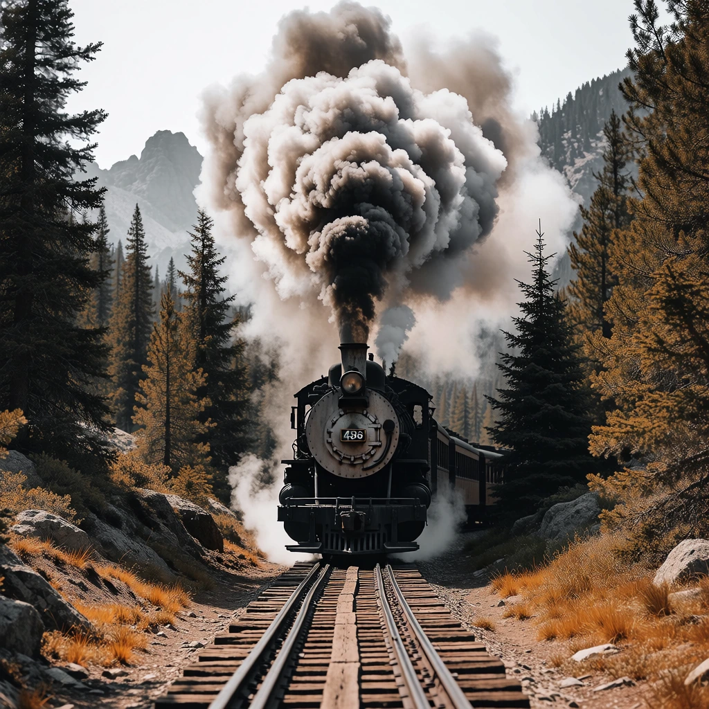 A vintage black steam locomotive travels along a narrow-gauge track through a dense, mountainous pine forest, emitting a massive, billowing plume of grey and white smoke. The engine, positioned centrally and facing forward, features a circular front plate with the number "486" printed in small white digits on a dark rectangular plaque. A single, round headlight glows dimly above the number plate, while more train cars extend into the shadows behind the engine. The tracks, composed of weathered wooden sleepers and parallel iron rails, stretch from the bottom of the frame toward the locomotive. On either side, the terrain is rocky with patches of dry, orange-tinted grass and tall evergreen trees that frame the scene. In the distance, rugged, hazy mountain peaks rise against a bright, overcast sky. The vertical composition emphasizes the towering height of the thick, textured smoke column as it expands into a mushroom-like shape above the train. The lighting is diffused and even, highlighting the intricate textures of the smoke and the surrounding foliage, while the color palette consists of earthy browns, deep greens, and industrial blacks contrasted against the bright sky.