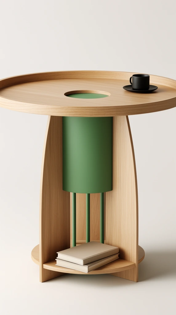 A modern light oak round table features a raised rim... | Krea