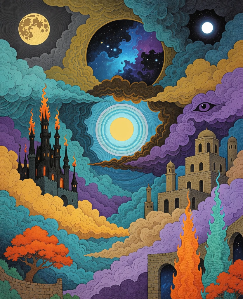A highly detailed, surreal illustration features an intricate landscape of fantastical castles and swirling, multi-colored clouds under a cosmic sky. In the mid-ground on the left, a tall, dark gothic castle with spires tipped in orange flames rises from a bank of golden-yellow clouds. To the right, several tiered stone buildings with arched windows and domed towers sit nestled among purple and tan clouds. In the lower left foreground, a vibrant orange-foliaged tree grows near a stone wall, while the lower right displays two tall, flame-shaped formations—one orange and one teal—rising behind stone arches. The sky is a dense tapestry of swirling clouds rendered with fine, concentric line work in shades of teal, deep blue, purple, and mustard yellow. At the center, a bright yellow celestial body glows within a series of radiating light blue rings, framed by darker, undulating clouds. Above this, a circular opening reveals a dark cosmos filled with blue and purple nebulae and tiny white stars. In the upper left, a large, cratered yellow moon hangs in a dark grey sky, while a smaller white orb glows within dark clouds in the upper right. A single, purple-irised eye peeks out from the purple clouds on the right side. The entire image is executed in a meticulous, graphic style characterized by dense, flowing line patterns and a rich, saturated color palette of teal, orange, purple, and gold, creating a psychedelic and dreamlike composition.