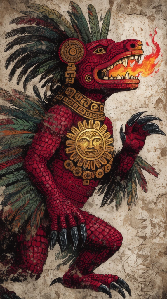 Ancient Mesoamerican codex art, profile of a crimson reptilian deity, golden sun chest emblem, flaming jaws, feathered appendages, obsidian claws, distressed stone texture