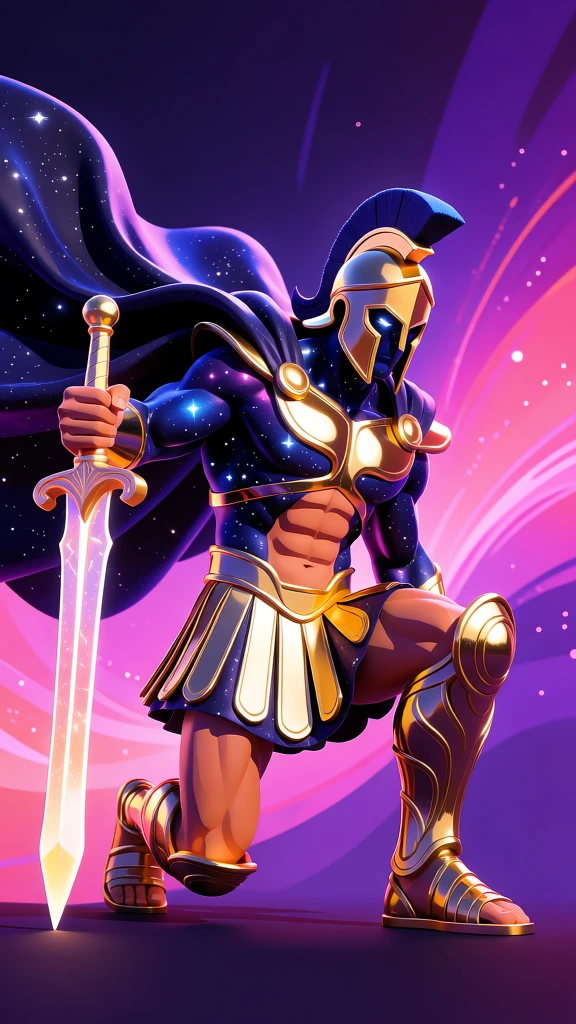 cosmic greek warrior kneeling with sword, glossy 3d render, epic mystical vibe
