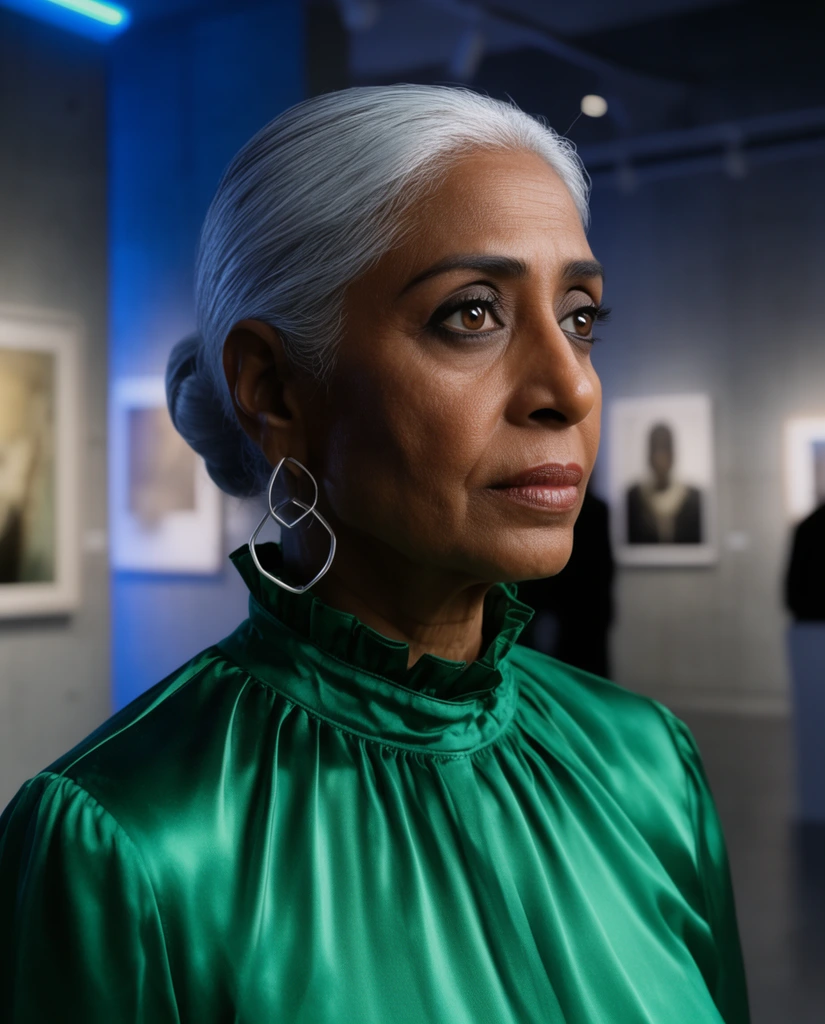 A close-up cinematic portrait of an older South Asian woman with a contemplative expression looking slightly off-camera. She has sleek silver hair pulled into a tight bun and deep brown eyes. She wears a vibrant emerald green silk blouse with a high ruffled collar and large geometric silver hoop earrings. The softly out-of-focus background reveals a dimly lit modern art gallery with smooth gray concrete walls and subtle neon blue accent lighting. Shot with a shallow depth of field, dramatic lighting highlights the glossy silk texture and her striking facial features.