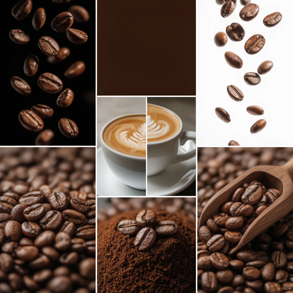 A multi-panel grid composition showcasing macro photography of coffee elements. The layout features roasted beans suspended against a deep black backdrop, a solid dark brown square, and scattered beans falling against pure white. A central panel displays a white ceramic cup of latte with fern foam art on a saucer, featuring a distinct vertical offset split. Lower sections present close-ups of densely piled beans with shallow depth of field, a textured mound of ground coffee topped with whole beans, and a wooden scoop overflowing with roasted beans. Warm, high-contrast lighting highlights the oily sheen and rich brown textures.