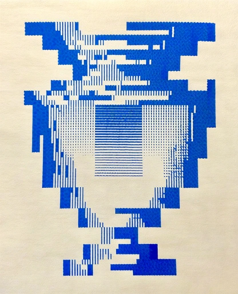 minimalist ultra-marine blue graphic on cream paper, an angular vessel-like silhouette constructed from fragmented vertical bars and blocks, a solid blue rectangle centered inside the vessel, aesthetic of early computer plotter art and swiss modernism, tactile risograph texture, staggered line weights, geometric abstraction, mathematical precision, clean high-contrast composition, glitch-inspired data visualization, sophisticated agency art direction.