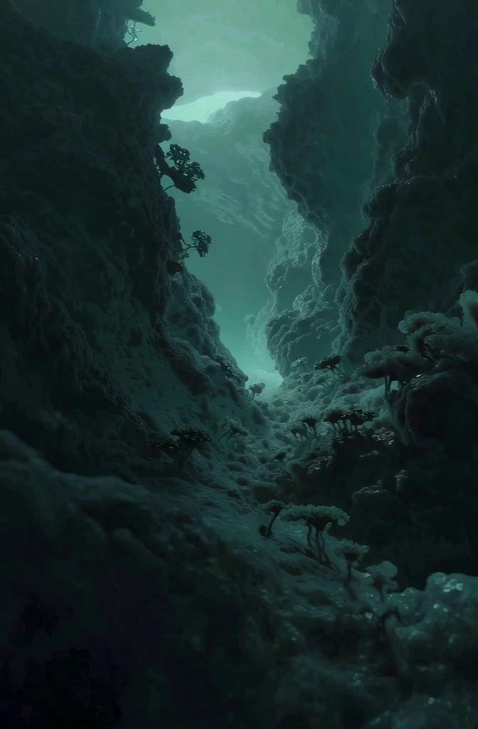 low-angle cinematic shot, narrow valley of crystalline wildflowers, ethereal monochromatic teal palette, moody lighting, deep atmospheric haze, central vanishing point perspective, intricate organic textures, crystalline structures merging with flora, soft diffused glow from a distant horizon, mysterious immersive aesthetic, desaturated cyan and dark emerald gradients, high-contrast shadows, foggy background, detailed floral silhouettes, moody and cavernous atmosphere.