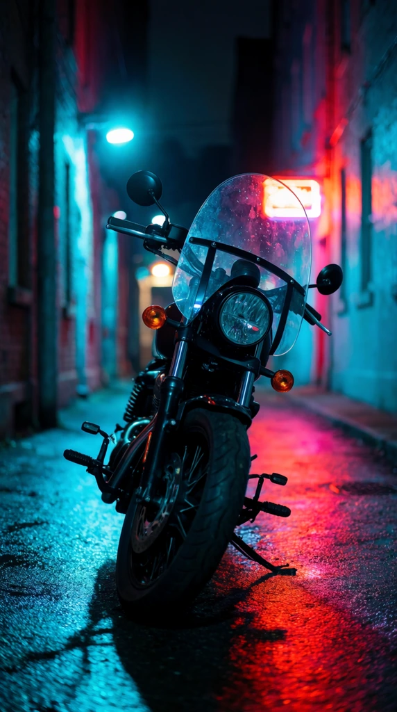 front facing black cruiser motorcycle, narrow night alley, wet asphalt reflecting vivid cyan and red neon lights, round headlight, clear windscreen, shallow depth of field blurred background, cinematic neon noir photography