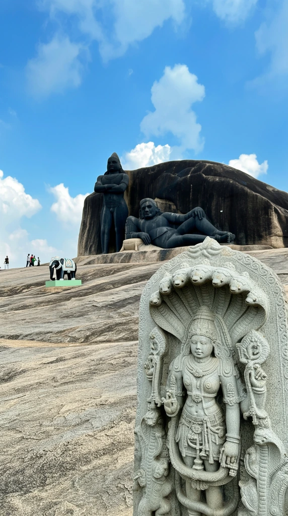 An ornate stone stele depicting a heavily adorned deity sheltered by a multi-headed cobra hood dominates the right foreground, framing a sprawling bedrock landscape. Behind the detailed light grey relief, the uneven stone terrain leads to a massive dark rock formation featuring two colossal carved figures: one standing with crossed arms and another reclining on a stone pillow. A small painted black and white elephant statue and tiny distant pedestrians populate the sloped rocky ridge to the left. Captured in bright natural daylight from a low angle, the photograph highlights the striking textural contrast between the intricate foreground carvings and the smooth, monumental dark stone sculptures against a vivid blue sky with fluffy white clouds.