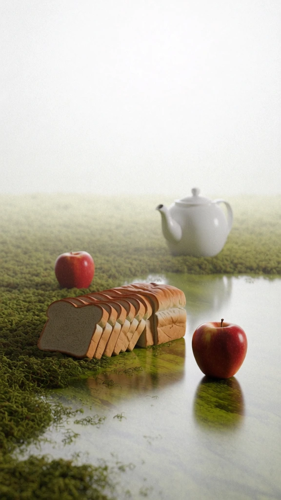 surreal still life photography, heavy film grain texture, minimalist teapot in the background behind a loaf of sliced bread and two apples on a moss-textured flat surface in the foreground, reflective square pond mirroring the subjects, ethereal high-key lighting, soft-focus dreamlike atmosphere, clean symmetrical composition, nostalgic retro cgi aesthetic, atmospheric depth, soft diffused shadows, liminal space vibes, sharp detail fading into a hazy horizon