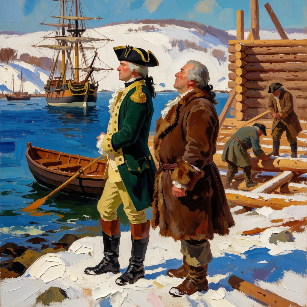 Two 18th-century figures stand on a snowy shoreline overlooking a harbor and a timber construction site. The man on the left wears a dark green military coat, tricorn hat, and tall black boots, gazing across deep blue water. Beside him, a stout man in a heavy brown fur-lined coat looks upward. In the background, a rowboat and a tall-masted sailing ship float on the water, while laborers to the right build a log structure. Snowy hills rise under bright daylight. The vivid oil painting features thick, expressive impasto brushstrokes, contrasting the luminous white snow with the rich earthy tones of the garments and the vibrant blue harbor.