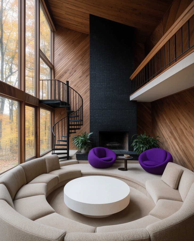 A double-height mid-century modern living room featuring a sunken conversation pit with curved beige sectional sofas and a white cylindrical table. A black spiral staircase ascends beside towering floor-to-ceiling windows revealing an autumn forest. The space showcases diagonal wood-paneled walls, an upper mezzanine balcony, and a massive black brick fireplace. Two vibrant purple pod chairs and green potted plants sit near the hearth, bathed in soft, diffuse natural daylight emphasizing the expansive architectural volume.