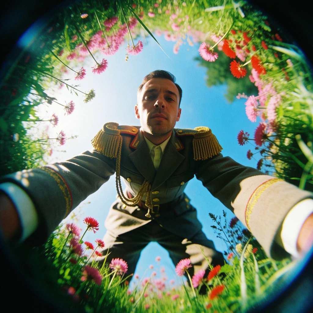 low-angle worm’s-eye view looking vertically up from a forest floor, a man in a structured military uniform with heavy gold-fringed epaulettes facing forward and towering over the lens, extreme fisheye perspective creating a circular composition, framed by a peripheral ring of wildflowers and backlit grass, bright cerulean sky background, high-contrast midday sunlight, saturated color treatment, sharp central clarity with heavy radial blur and vignetting at the frame edges.