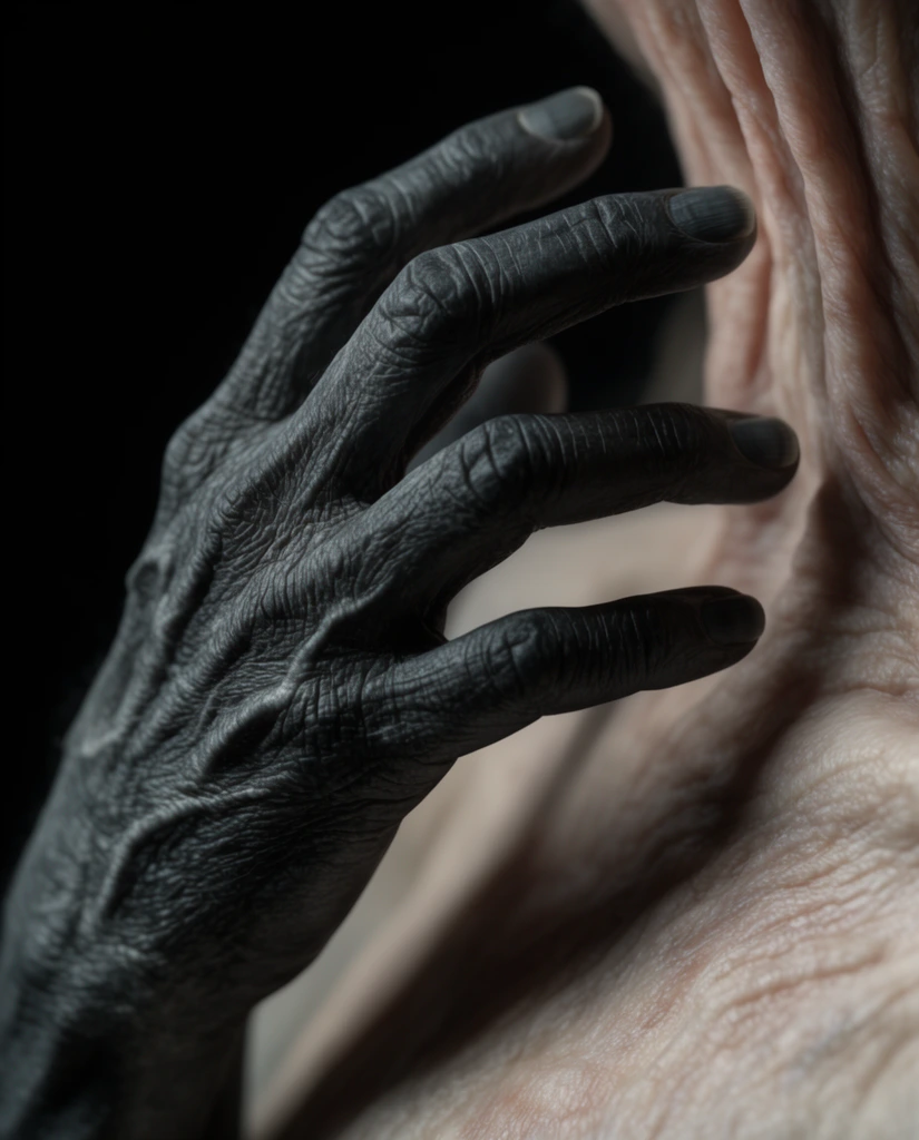 A deeply wrinkled, charcoal-gray hand reaches toward pale, creased skin in a stark macro shot against a pitch-black background. The dark hand's prominent veins and curved fingers hover above fleshy neck folds on the right. Dramatic side lighting and a shallow depth of field amplify the extreme hyper-realistic textures, illuminating deep crevices across the contrasting surfaces.