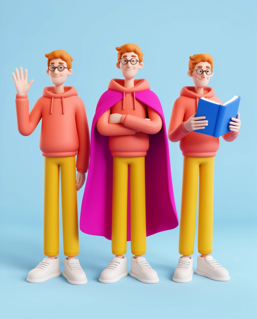 three identical 3D stylized lanky men, ginger hair, glasses, coral hoodies, yellow trousers, waving figure, figure with magenta cape, figure reading blue book, light blue background, smooth plastic texture, soft lighting