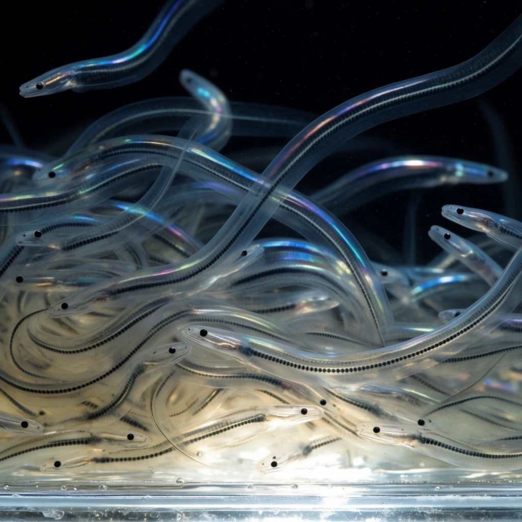 swarm of transparent glass eels, translucent ribbon bodies, dark spinal lines, tiny black eyes, iridescent reflections, tangled mass in clear container, illuminated from below, dark background, macro photography