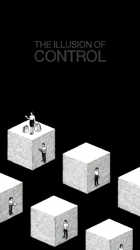 Multiple perfectly symmetrical white cubes floating in a black void, equal dimensions on all sides, sharp 90-degree edges, each cube fully enclosed and visible from an interior perspective showing three faces, inside each cube a small human silhouette: one man obsessively staring at a smartphone, one woman surrounded by shopping bags compulsively holding a credit card, one young boy sitting on the floor surrounded by fast food boxes, all figures small and isolated within their own cube, cubes evenly spaced and floating, large negative space at the top for book title, monochrome black and white, engraved line illustration, dense cross-hatching texture, conceptual philosophical tone, symbolic of the illusion of control over addiction