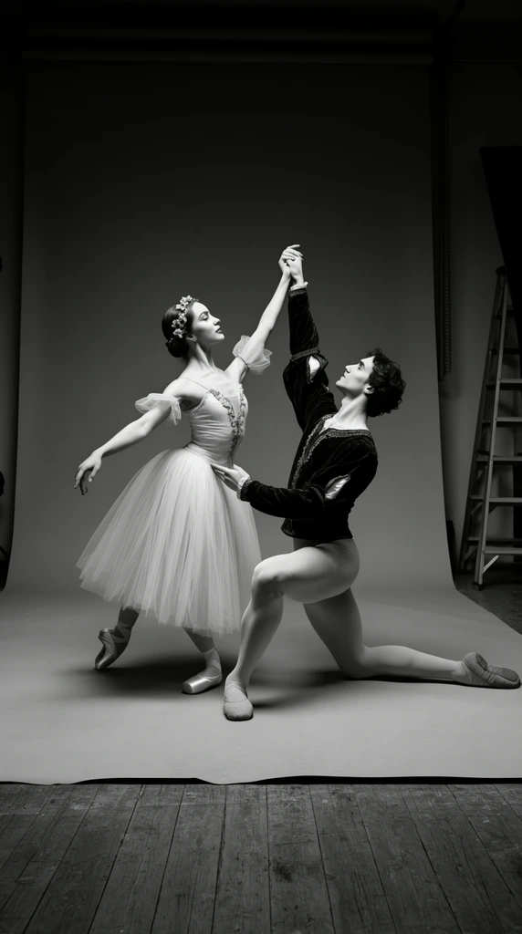 two classical ballet dancers posing on a seamless studio backdrop, female en pointe in a white tulle tutu and floral headpiece, seated male reaching upward in a dark tunic and light tights, hands clasped, black and white photography, visible studio edges with wooden floorboards and a stepladder, high contrast lighting