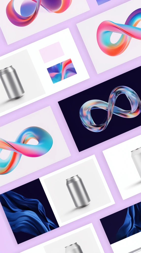 diagonal presentation slides scattered on a pastel lavender background, sleek aluminum beverage can mockups, vibrant abstract 3D artwork, iridescent glass-like mobius strips, twisted glowing ribbons in neon pink and cyan gradients, flowing folded cloth renders in deep blue, stark white and dark navy minimalist layout blocks, soft drop shadows, high contrast, modern graphic design flat-lay