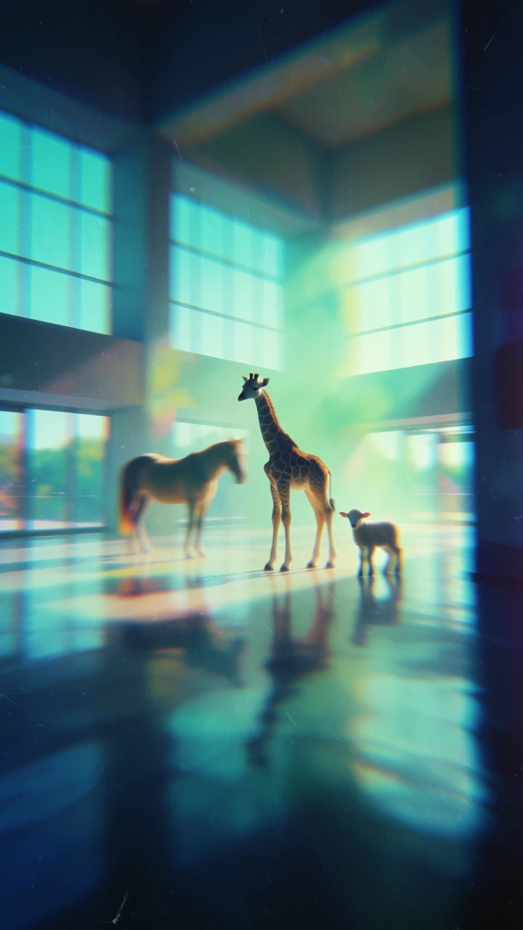 cinematic wide shot, dreamy ethereal lo-fi aesthetic, soft focus, motion blur, grainy vintage film texture, silhouettes of a young giraffe standing between a horse and a small lamb, vast hall with large glowing aquamarine grid windows, hazy mint and pale yellow light, highly polished reflective floor with soft distorted reflections, cool color palette of deep navy and teal, atmospheric backlighting, ethereal glow, minimalist composition, painterly quality, chromatic aberration.