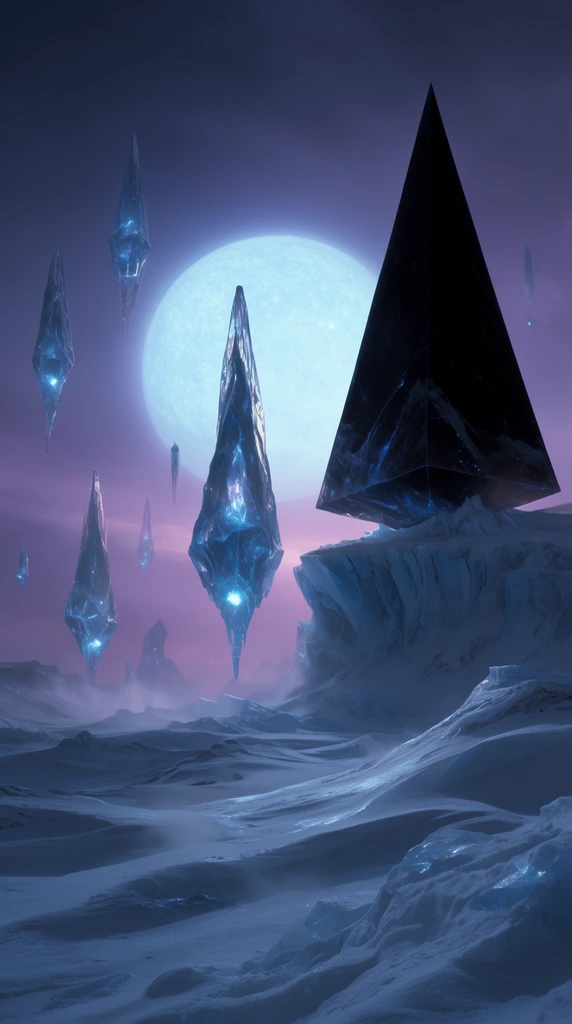 A frozen alien tundra at twilight featuring glowing ice spires silhouetted against a massive pale blue star. Hovering crystalline vessels drift through a hazy violet atmosphere above rolling snow dunes. A colossal obsidian pyramid rests on a high glacial cliff. Cinematic wide-angle framing with cool tones and high contrast.